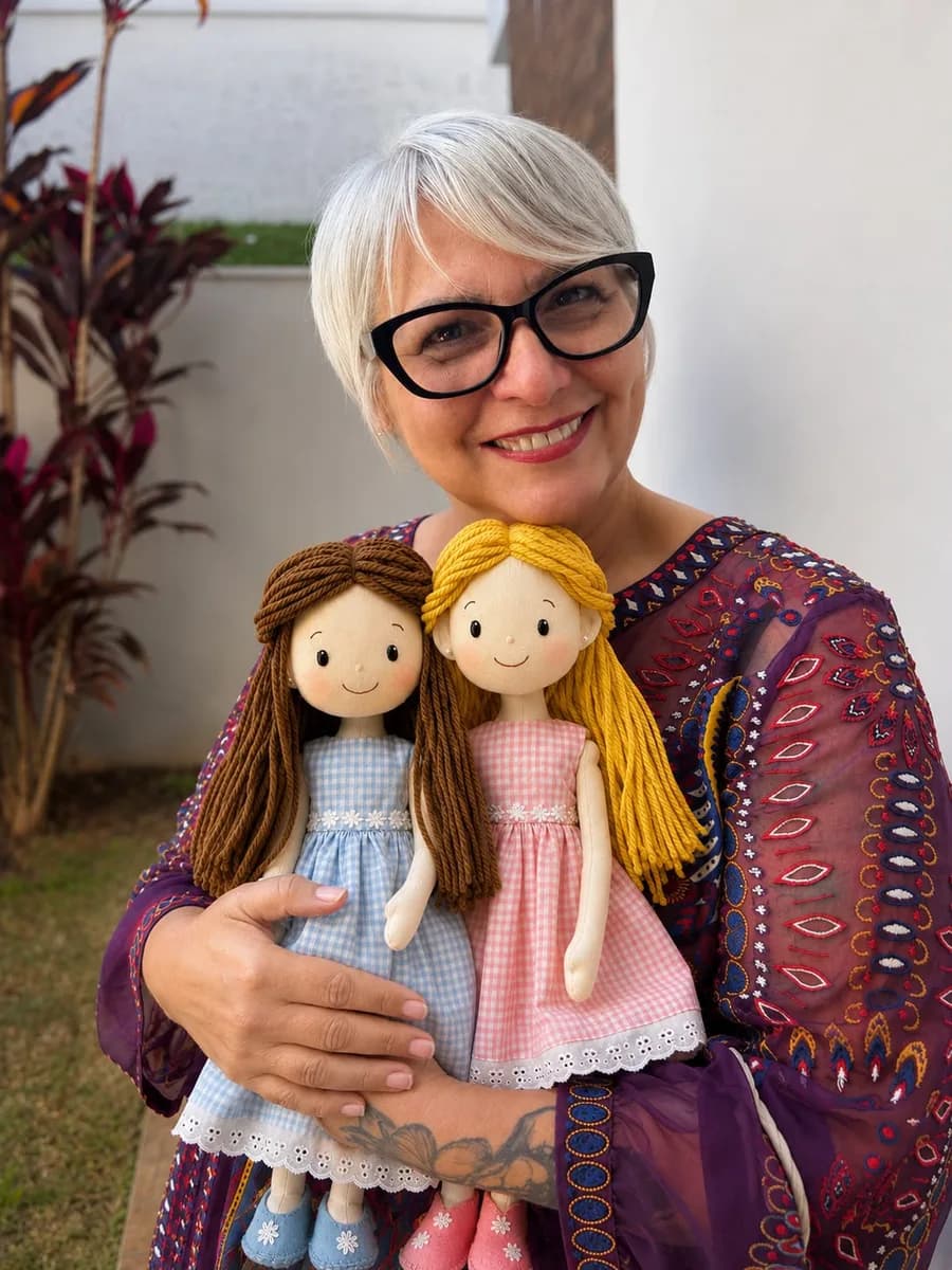 Silvana, que faz as bonecas, com duas delas no colo